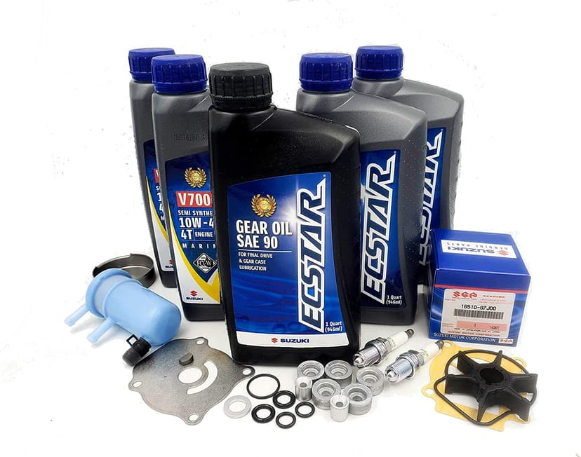 A suzuki outboard oil change and maintenance kit.